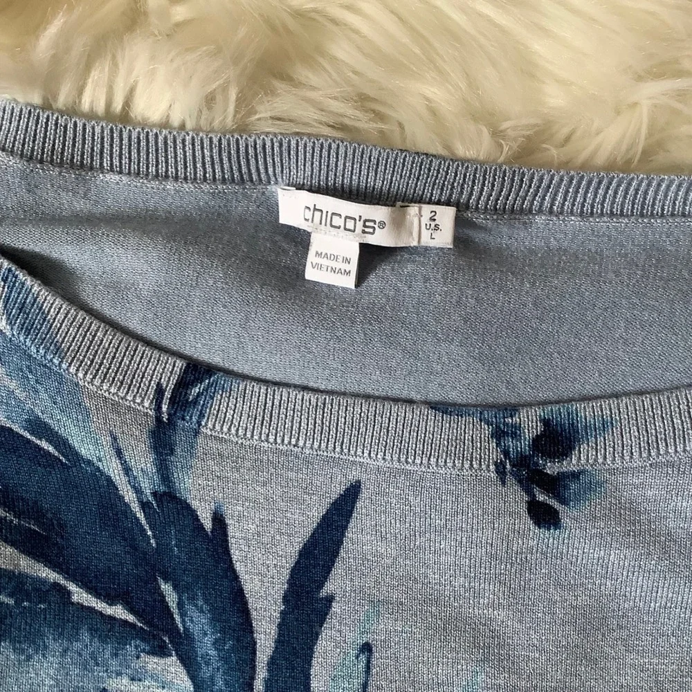 Chicos Blue Leaf Print Boat Neck Sweater Size 2 Large Rayon Blend Long Sleeve - Picture 12 of 13